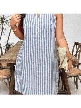 Sigrid Olsen Women's Blue White Stripe Linen Nautical Summer Shirt Dress Size 1X